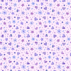 Seamless pattern with purple hearts, stars and snowflakes. Pantone 2022  Watercolor illustrations on pink background