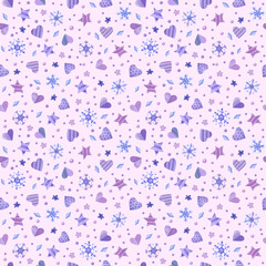 Seamless pattern with purple hearts, stars and snowflakes. Pantone 2022  Watercolor illustrations on pink background