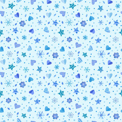 Seamless pattern with blue hearts, stars and snowflakes. Watercolor illustrations on blue background.