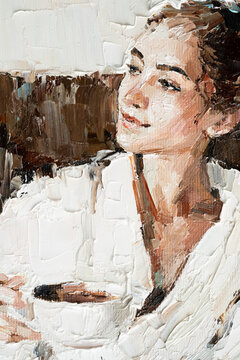 The girl in a white robe.  A woman is drinking coffee. Oil painting on canvas.