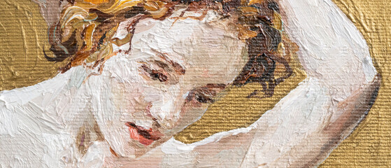 Fragment of  nude attractive young woman, created in details and color nuances.  Oil painting on golden canvas.