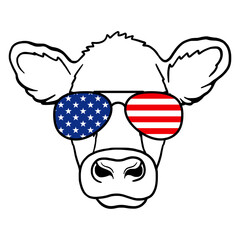 Cow head with aviator glasses and USA Flag print. 4th of july. Farm Animal. Vector illustration isolated on white background.