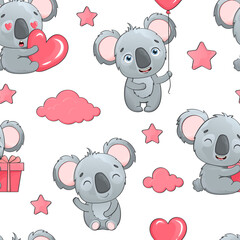 Vector seamless pattern with cute koalas in pink clouds and stars. Bright children's pattern with tropical animals, clouds, hearts and stars. Printing on children's textiles