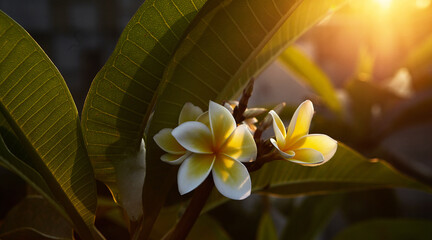 Yellow and white Plumeria frangipani flowers