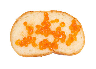 Red caviar on bread isolated on white background.
