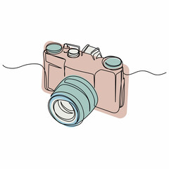 Vector abstract continuous one single simple line drawing icon of antique camera in silhouette sketch on white background.