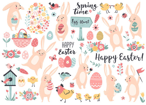 Easter and spring set with cute bunnies, chickens, and easter eggs.