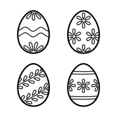 Set of easter eggs with ornament. Hand drawn icon in doodle line style. Isolated vector illustration. 