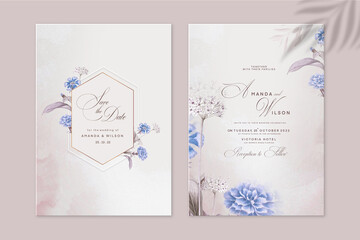 Floral Wedding Invitation Template with Blue Peony - obrazy, fototapety, plakaty