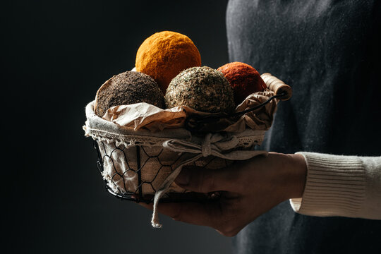 various types of cheese in femele hands. Long banner format