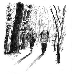 Two people with big backpacks walk through the forest. Black and white ink/pen drawing. Graphic.