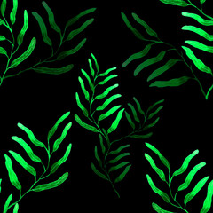 A seamless, endless pattern featuring the green leaves of an exotic plant on a black background.