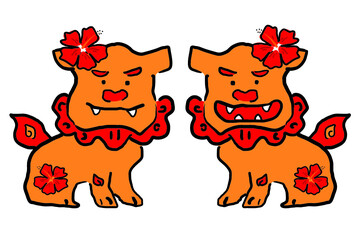 手描きの沖縄のシーサーとハイビスカス　イラスト素材