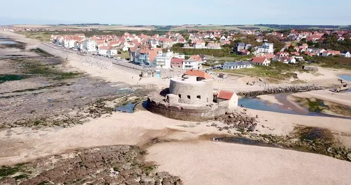 Aerial views of Fort Mahon from Ambleteuse at low tide, panning towards Dunes de la Slack, Fort d'Ambleteuse, Fort Vauban, Opal Coast, Pas-de-Calais, Hauts-de-France, France