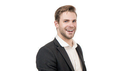 Portrait of happy professional man smiling in formal suit isolated on white copy space, guy