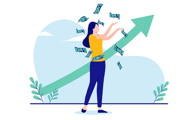 Female making money - Woman standing in front of rising green arrow throwing money in air. Financial success concept. Flat design vector illustration with white background