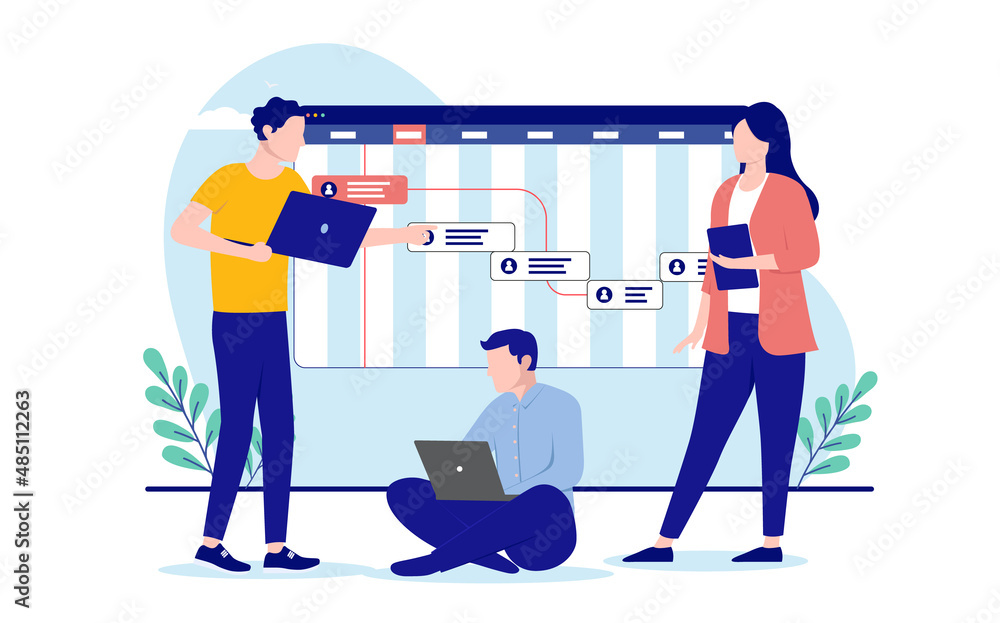 Aufkleber Project planning and management - Business people in casual clothes discussing roadmap and strategy. Flat design vector illustration with white background