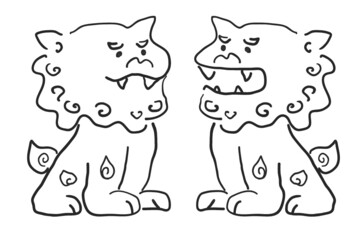 手描きの沖縄のシーサー　線画　イラスト素材