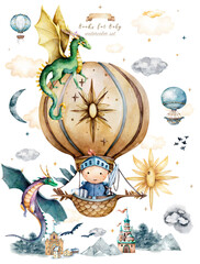 dragons, prince and princess, mystical story, balloons, outdoor activities, castle, rainbow, sunny day vintage style watercolor, pastel color watercolor set