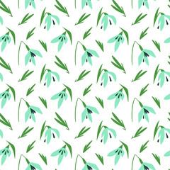 Fototapeta premium vector floral trendy seamless spring pattern of stylized snowdrops on a white background.useful for packaging, wrapping paper, textile, fabric, wallpaper, tablecloths, background, web design, print