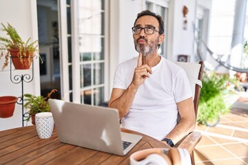 Middle age man using computer laptop at home thinking concentrated about doubt with finger on chin...