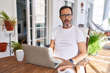 Middle age man using computer laptop at home in shock face, looking skeptical and sarcastic, surprised with open mouth