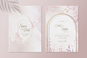 Geometric Wedding Invitation Template with Pink Leaves - obrazy, fototapety, plakaty