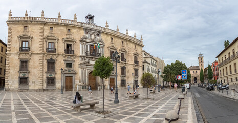 View at the Superior Court of Justice of Andalusia, Ceuta and Melilla, St. Ana square with San Gil and Santa Ana Church as background, Granada, Spain - obrazy, fototapety, plakaty