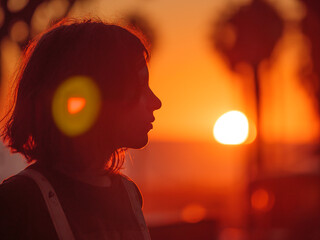 Girl at sunset profile silhouette, sun setting in ocean in background. Shallow DOF.