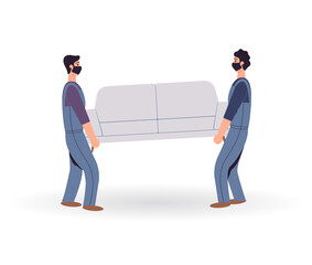 Professional movers in protective masks moving sofa. Loader carry new furniture. Men workers holding couch. Males in uniform from delivery and relocation service. Flat vector illustration