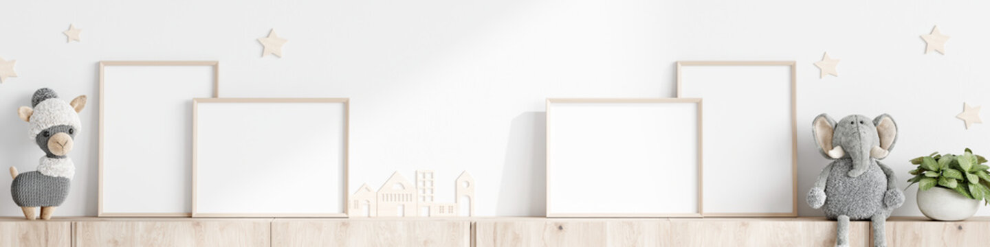 frame mockup banner, minimalist kids room mockup, 3d render