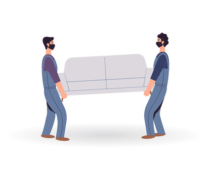 Professional Movers In Protective Masks Moving Sofa. Loader Carry New Furniture. Men Workers Holding Couch. Males In Uniform From Delivery And Relocation Service. Flat Vector Illustration