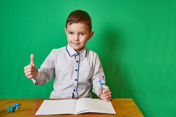 Cute smiling boy shows thumb up and holds pen in hand, sitting at table with open notebook on green background.