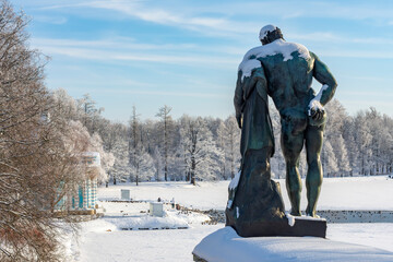 Heracles of Farnese statue on Cameron gallery of Catherine palace in winter, Pushkin (Tsarskoe...