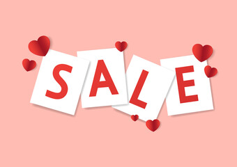 Valentine's Sale banner. Valentine's Day Sale Poster or banner with sweet hearts on Paper. Promotion and shopping template or background.