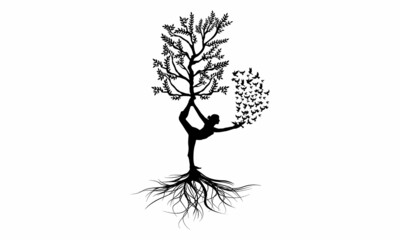 Woman Yoga pose with tree and bird Graphic for T-Shirt Design , Poster, Mug, calendar, book cover. yoga vector.