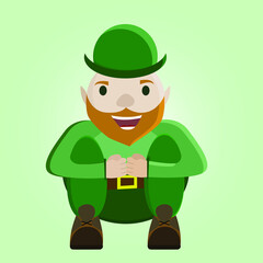 The leprechaun, an Irish cartoon character dedicated to St. Patrick's Day, sits with his arms around his knees.