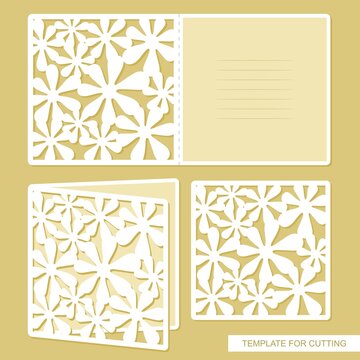 Folding square card. Carved pattern of chamomile flowers. Spring, summer floral theme for wedding invitations, certificates. Vector template for plotter laser cutting of paper, carving, engrave, cnc.