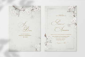 Vintage Wedding Invitation Template with White Flower - obrazy, fototapety, plakaty