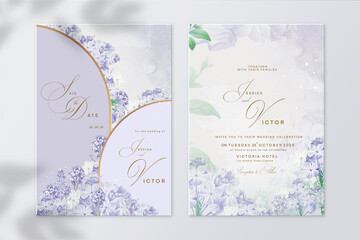 Geometric Wedding Invitation Template with Purple Flower - obrazy, fototapety, plakaty