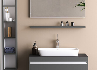 Fototapeta na wymiar White bathroom sink standing on a bathroom furniture. A square mirror hanging on a beige wall. A close up. Front view. 3d rendering