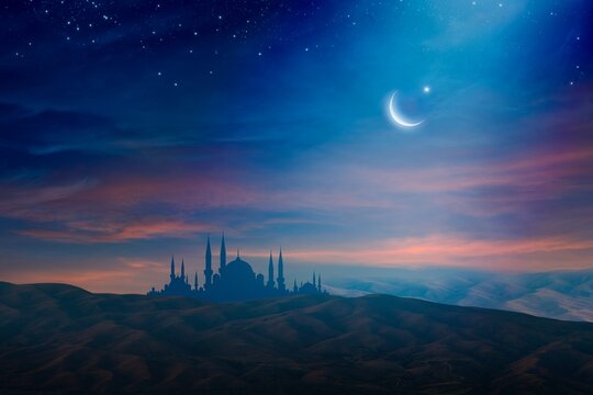 Ramadan background with crescent, stars and glowing clouds above mosque on mountains. Month of Ramadan is that in which was revealed Quran.