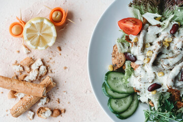 Salads, salata, salad with chicken, white backround 