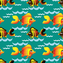 Fototapeta na wymiar Seamless marine pattern of goldfish and waves on a turquoise background