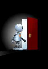 3d illustration of a happy  little robot entering door of light