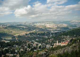 Fototapeta na wymiar Panorama of mountains near village Ein Kerem, Jerusalem. Israel.