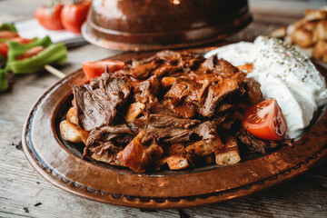 turkish kebab and yogurt with dark backround
