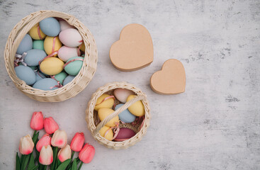 easter eggs in a basket. Easter concept. Holidays. Photo. Background. Life. Happy. 