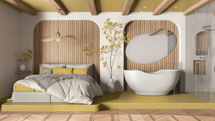 Modern creative yellow and wooden bedroom with bathroom, open space with parquet and concrete floor. Roof beams, shower, free standing bathtub, mirror. Spa suite interior design idea