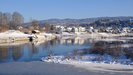 Honefoss River and snow, Honefoss, Buskerud, Norway
